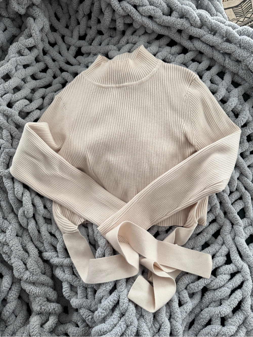 Zara Ribbed Mock Neck Tie-Back Sweater